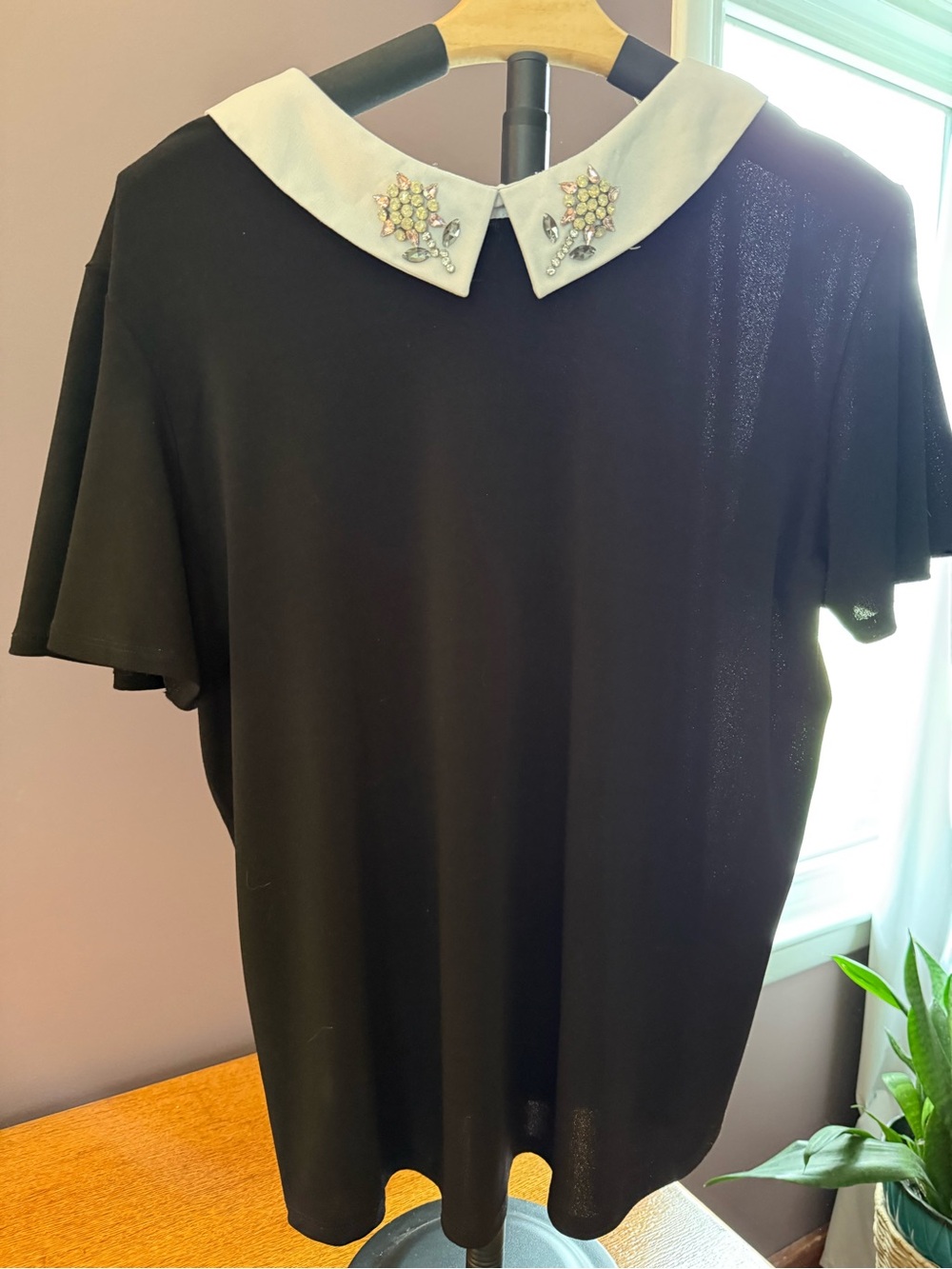 Faith and Joy Black Short Sleeve Top with White Embellished Peter Pan Collar